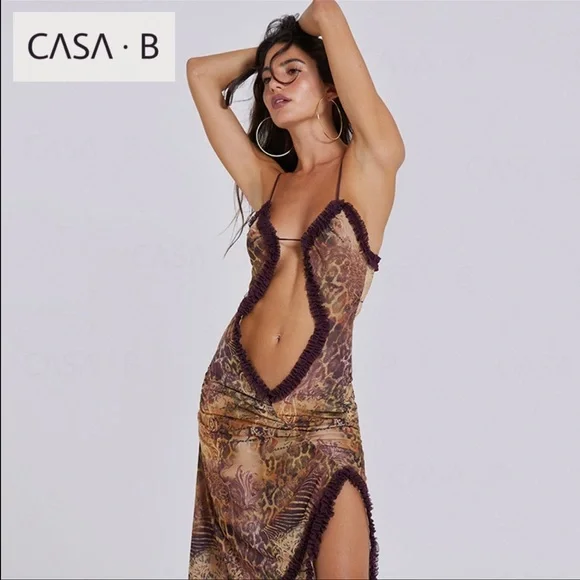 NEW to CASA B💫|Seraphina Sheer Cut-Out Frill Leopard Script Print Maxi dress - Picture 6 of 17